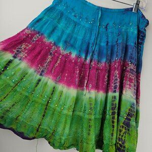 INDIAN TROPICAL FASHION Tie Dye Skirt Sequins Embroidery Rayon Womens One Size M